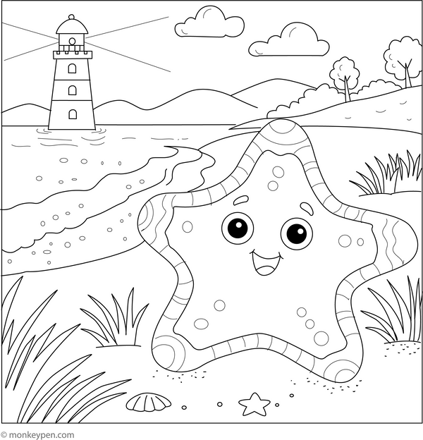 Starfish and a Lighthouse coloring page – free printable for kids to color and enjoy