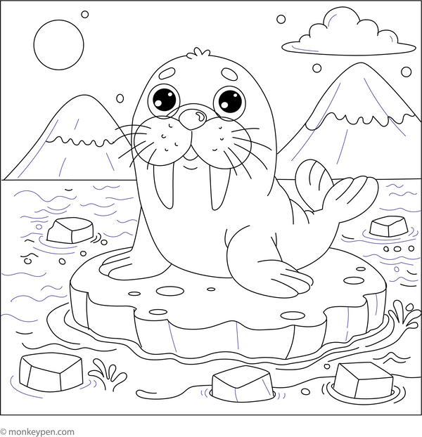 Walrus on an Iceberg coloring page – free printable for kids to color and enjoy