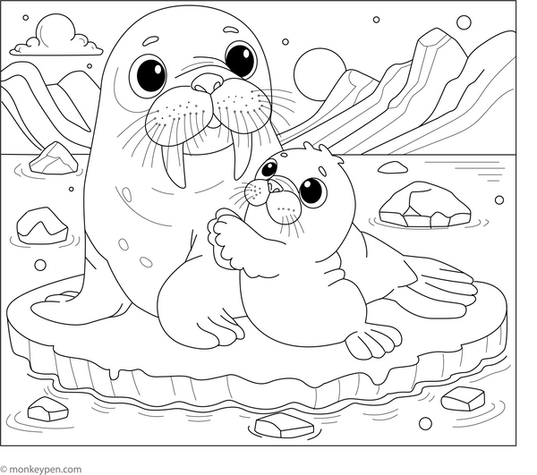 Walrus and Baby Walrus coloring page – free printable for kids to color and enjoy