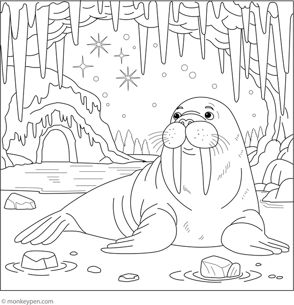 Walrus with Icicles: A walrus basking under an arch of sparkling icicles near a frozen cave. coloring page – free printable for kids to color and enjoy