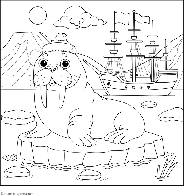 Walrus and the Arctic Ship coloring page – free printable for kids to color and enjoy