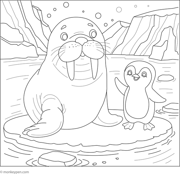 Walrus and a Penguin coloring page – free printable for kids to color and enjoy