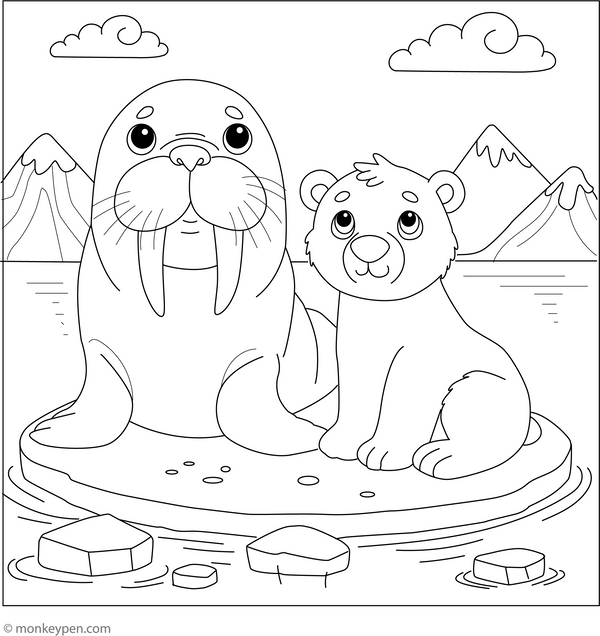 Walrus with a Polar Bear coloring page – free printable for kids to color and enjoy