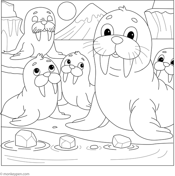 Walrus and Friends coloring page – free printable for kids to color and enjoy