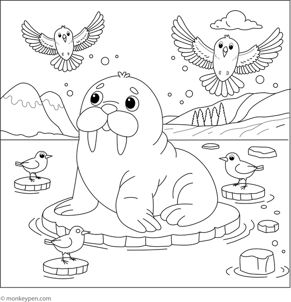 Walrus and Arctic Birds coloring page – free printable for kids to color and enjoy
