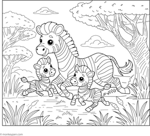 Playful Zebra Family coloring page – free printable for kids to color and enjoy