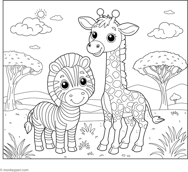 Zebra and Giraffe Friends coloring page – free printable for kids to color and enjoy
