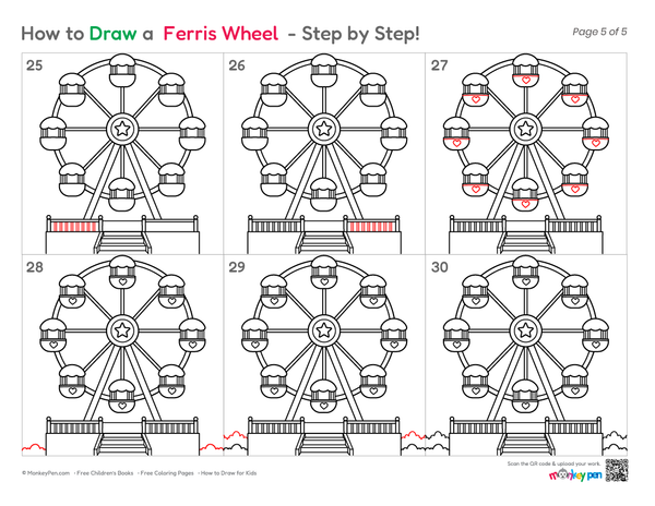 How to Draw a Ferris Wheel – Easy Step-by-Step Amusement Park Drawing for Kids