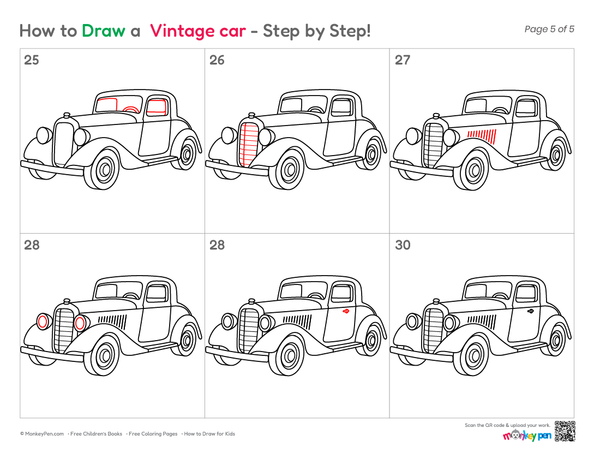 Cute vintage car sketch easy for children to recognize.