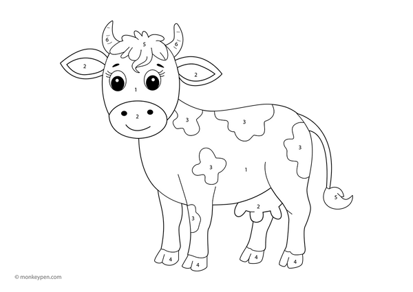 Free downloadable cow color-by-number worksheet featuring a friendly farm cow with numbered sections on its spots, ears, and udder—great for helping kids build number skills through fun, animal-themed coloring.