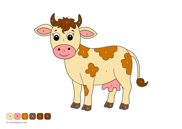 Free downloadable cow color-by-number worksheet featuring a friendly farm cow with numbered sections on its spots, ears, and udder—great for helping kids build number skills through fun, animal-themed coloring.