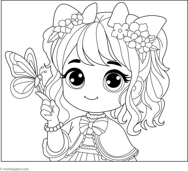 Cute Girl and Butterfly Coloring Page
