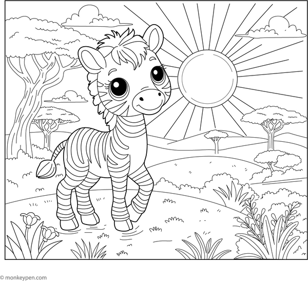 Zebra in the Sunset coloring page – free printable for kids to color and enjoy
