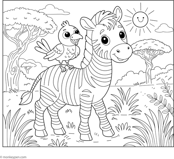 Zebra and a Bird Friend coloring page – free printable for kids to color and enjoy