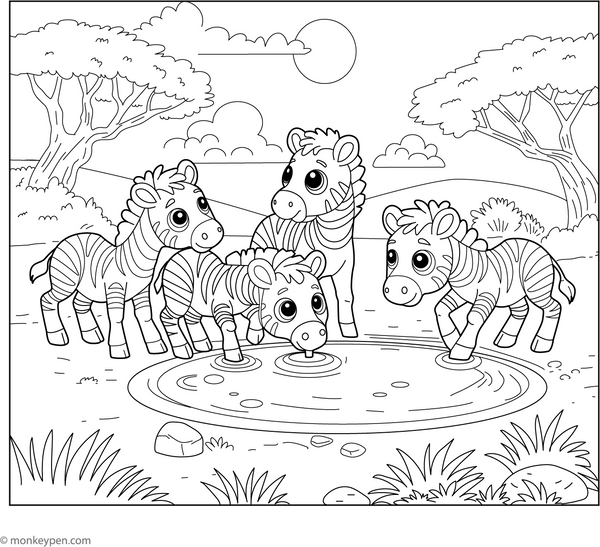 Zebra Drinking from a Waterhole coloring page – free printable for kids to color and enjoy