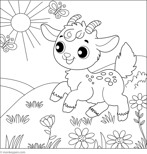 Goat Playing in a Meadow coloring page – free printable for kids to color and enjoy