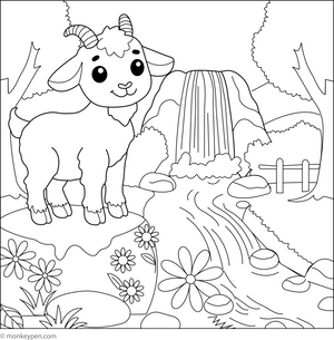 Goat and a Waterfall coloring page – free printable for kids to color and enjoy