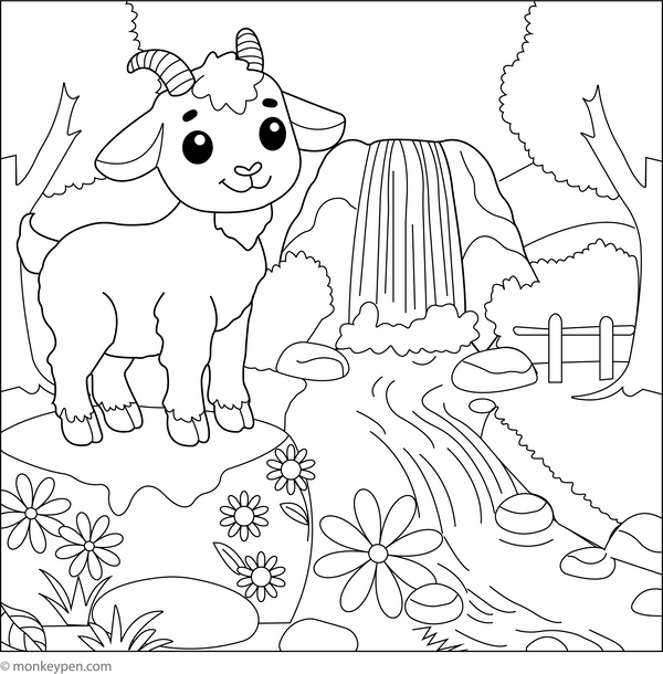 Goat and a Waterfall coloring page – free printable for kids to color and enjoy