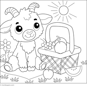 Goat with a Picnic Basket coloring page – free printable for kids to color and enjoy