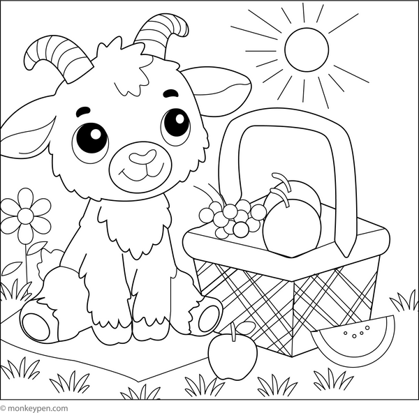 Goat with a Picnic Basket coloring page – free printable for kids to color and enjoy