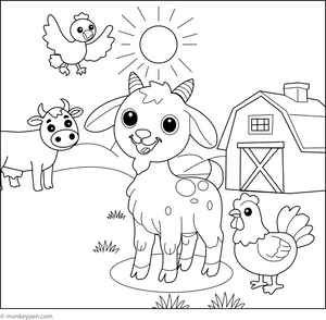Goat with Farm Friends coloring page – free printable for kids to color and enjoy