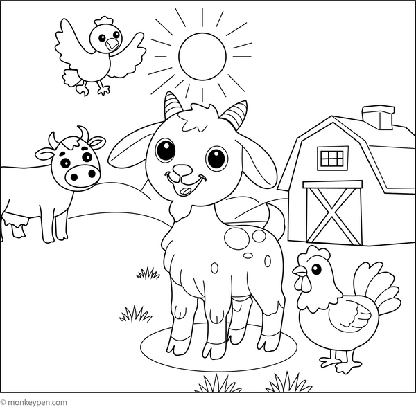 Goat with Farm Friends coloring page – free printable for kids to color and enjoy