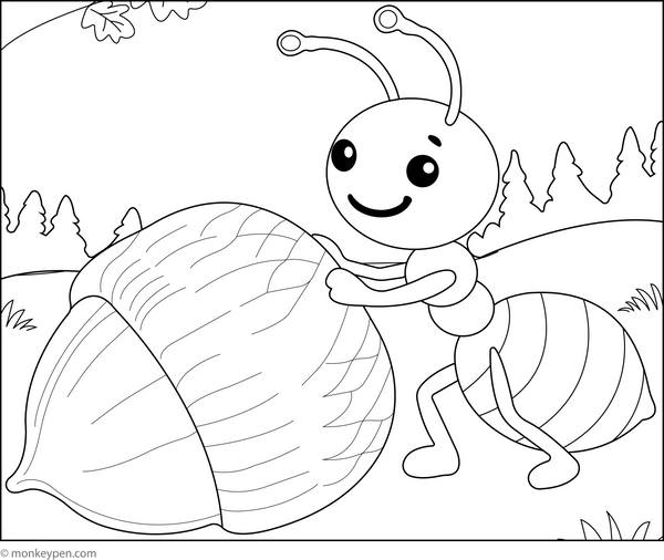 Printable Ant Rolling Acorn Coloring Image