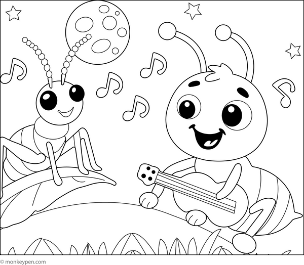 Ant and Singing Cricket Colouring Image for Childen