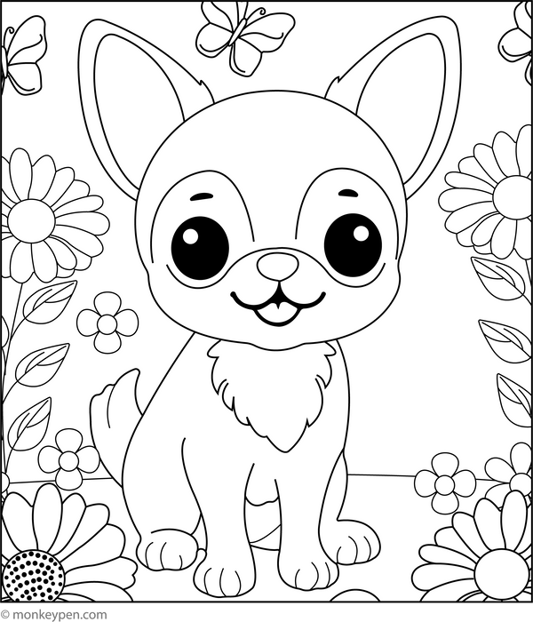 Chihuahua in Garden Colouring Page PDF
