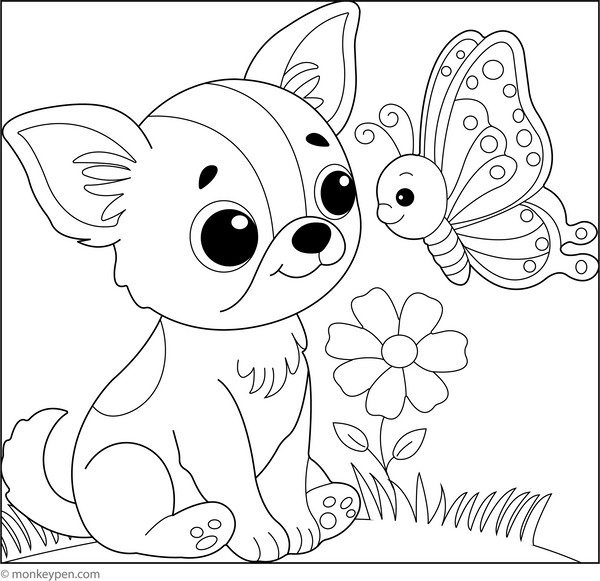 Printable Chihuahua and the Butterfly Colouring Image