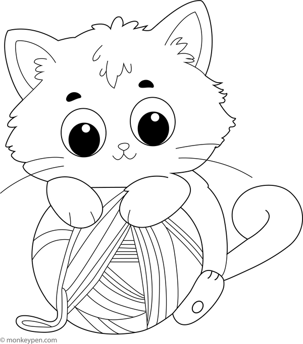 Playful Kitten with Yarn | Free Coloring Pages