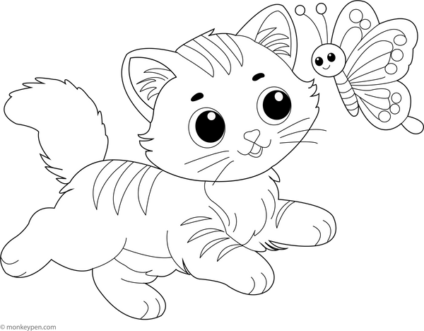 Kitten Chasing Butterfly | Free Coloring Pages