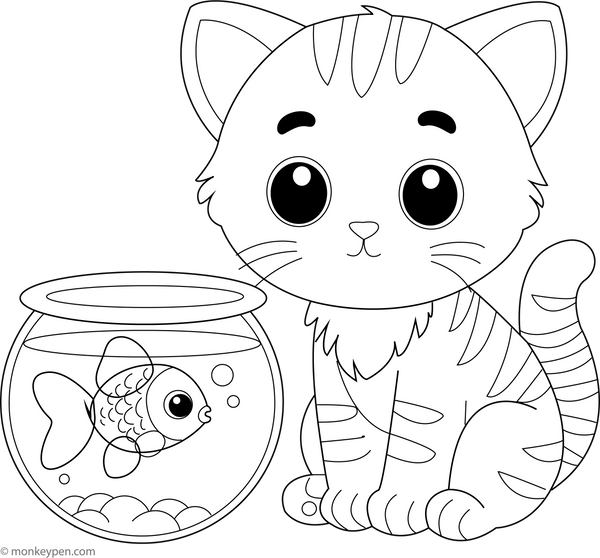 Kitten and the Fish Bowl | Free Coloring Pages
