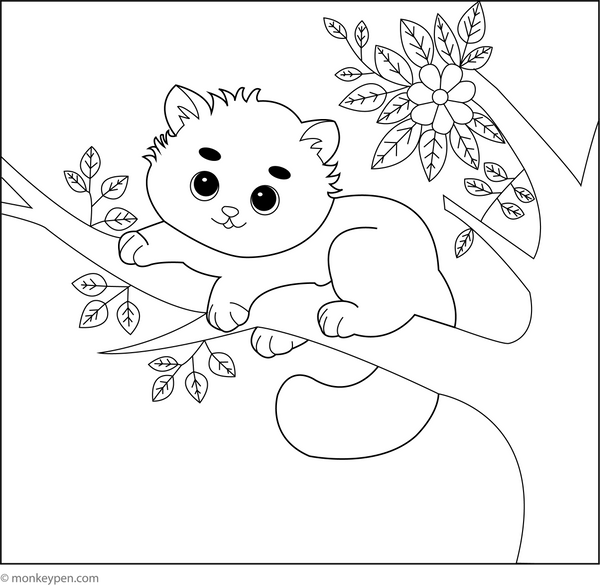 Kitten on Tree | Free Colouring Pages