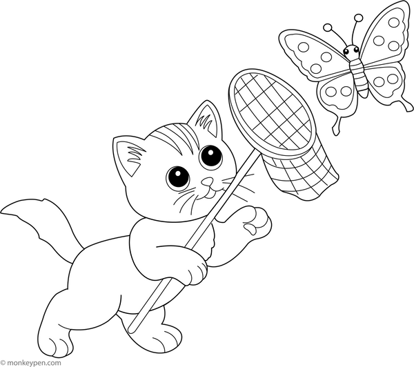 Kitten with Butterfly Net | Free Coloring Pages