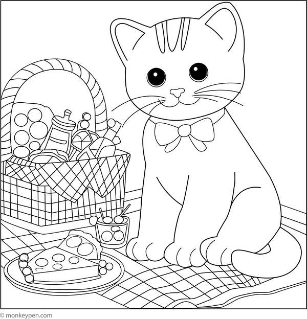 Kitten in Picnic | Free Coloring Pages