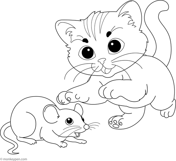 Kitten Chasing Mouse | Free Coloring Pages