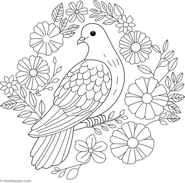 Dove in a Flower Wreath | Free Coloring Pages