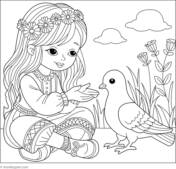 Dove and a Little Girl | Free Coloring Pages