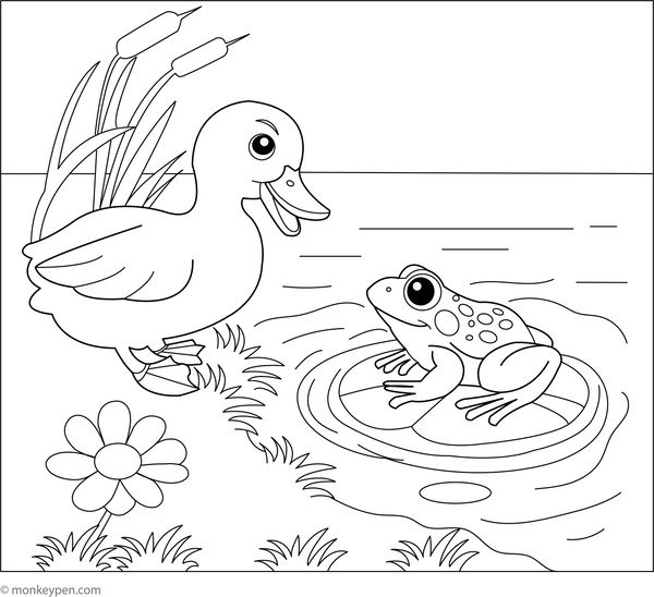 Duck and a Frog | Free Coloring Pages