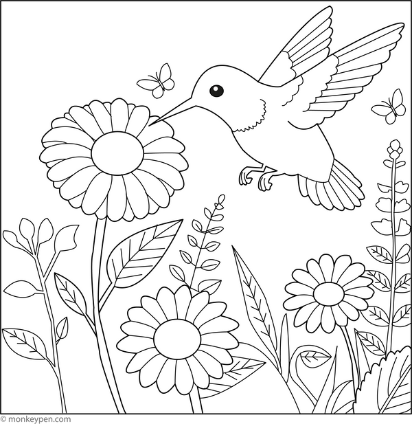 Hummingbird in the Flower Garden | Free Coloring Pages