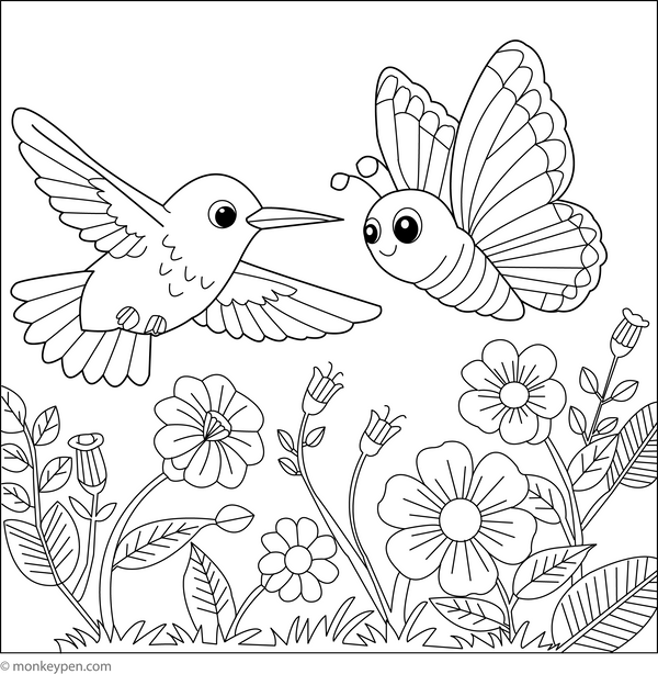 Hummingbird and a Butterfly | Free Coloring Pages