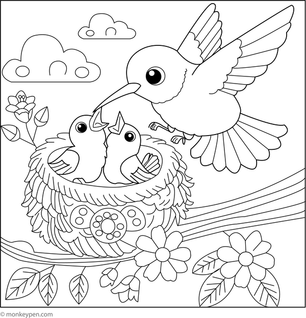 Hummingbird with Baby Birds | Free Coloring Pages
