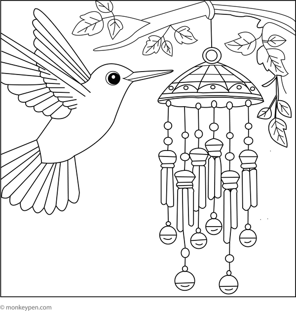 Hummingbird and a Wind Chime | Free Coloring Pages