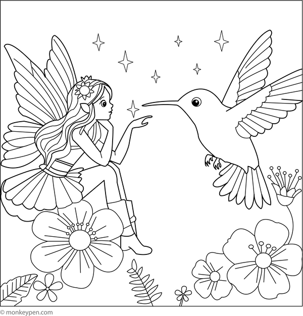 Hummingbird and a Fairy | Free Coloring Pages