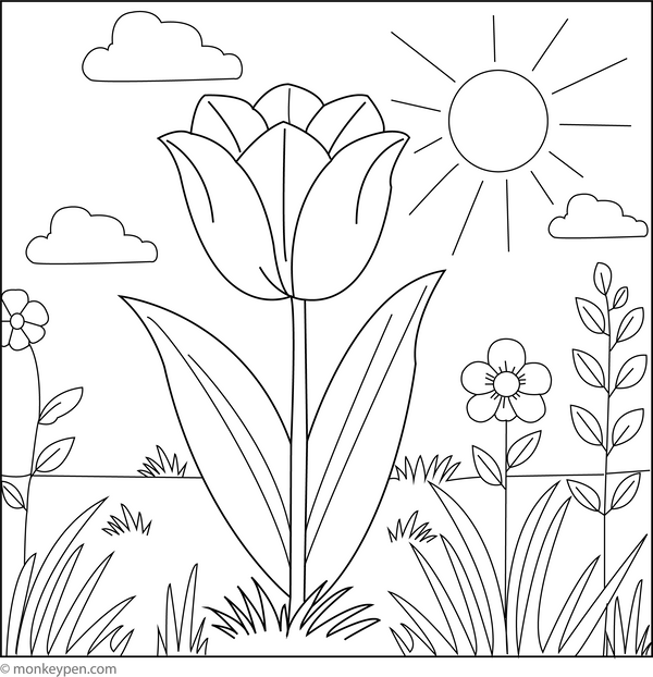 Tulips in Sunny Meadow | Free Coloring Pages