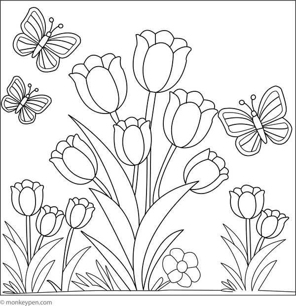 Tulips and Butterflies | Free Coloring Pages