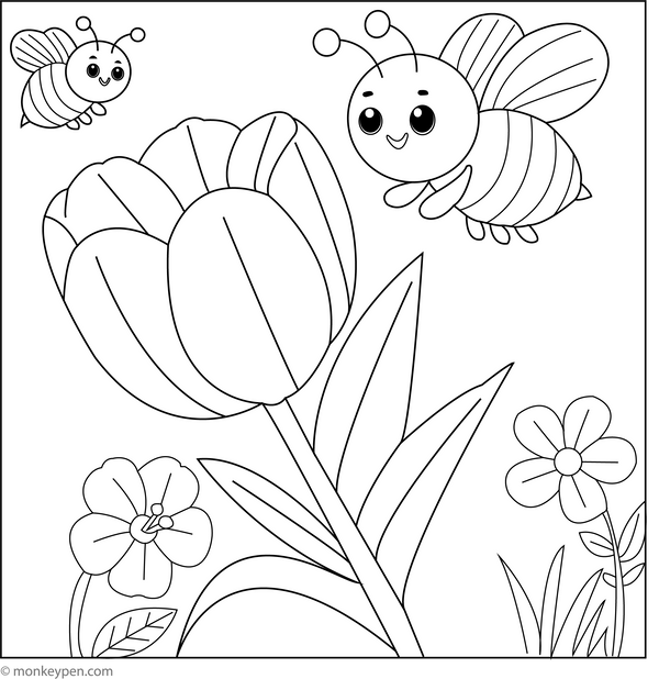 Tulips and Buzzing Bee | Free Coloring Pages