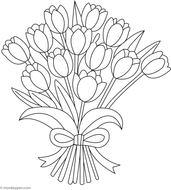Tulips in Colorful Bouquet | Free Coloring Pages