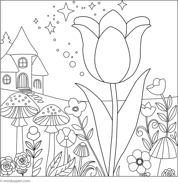 Tulip in a Fairy Garden | Free Coloring Pages